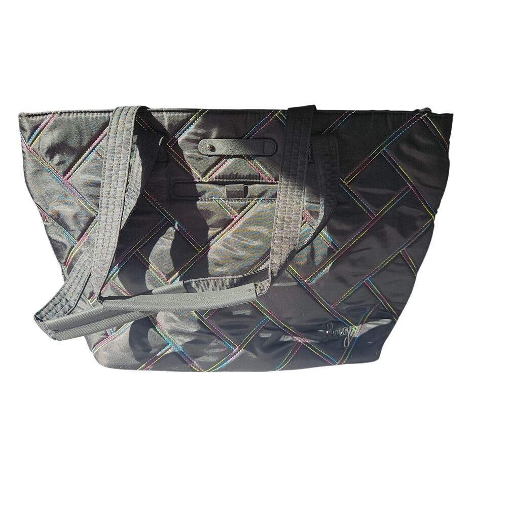 lug Black Quilted Shoulder Tote with Multicolor Stitching